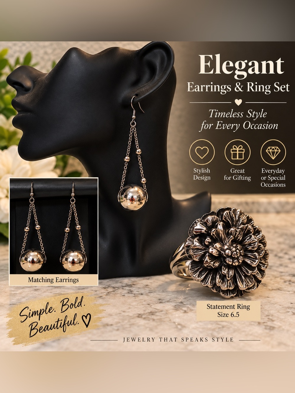 Silver Ball Drop Earrings with Floral Statement Ring - Silver ring size 6.5 NEW